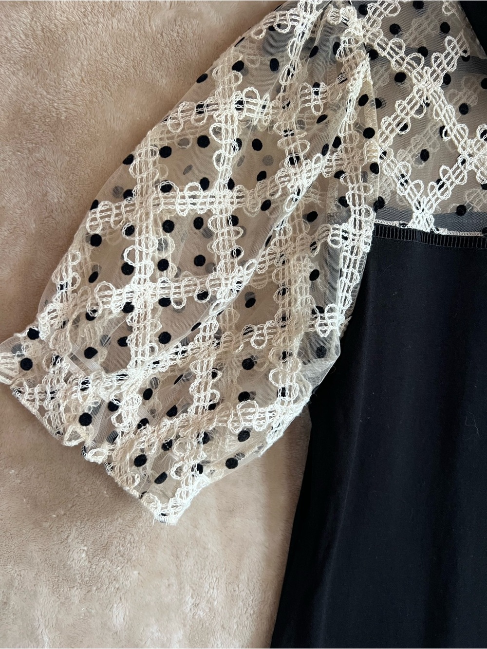 Kaily K Black White Lace Polka Dot Peter Pan Collar Puff Sleeve Top Medium Chic - Picture 3 of 9